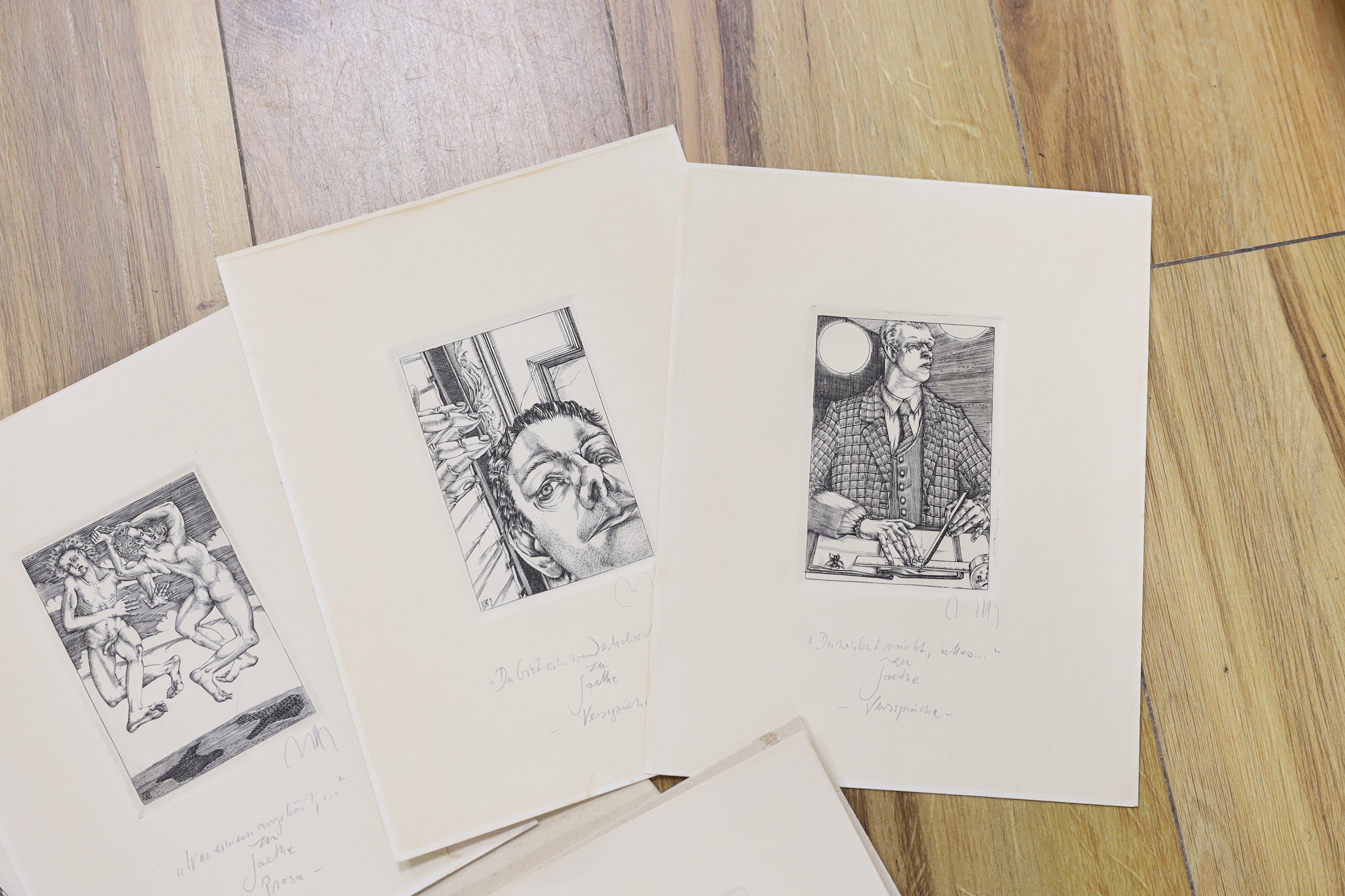 Baldwin Zettl (b.1943), five German Expressionist etchings, each signed and inscribed in pencil including ‘The Specialists’, largest 24 x 27.5cm, unframed